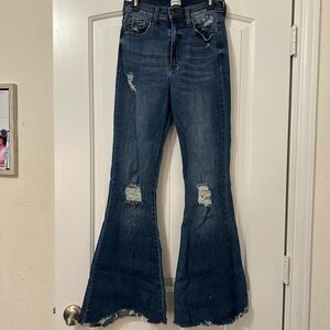 Sneak Peek Dark Blue Distressed Flare Jeans